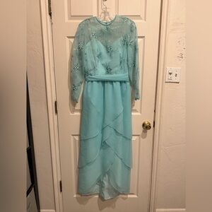 Victor Costa Light Blue Floral Embroidered Vintage Dress